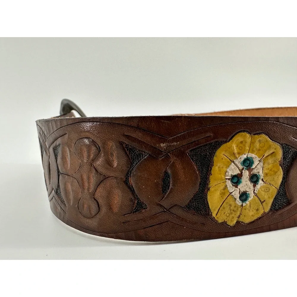 Vintage Hand Tooled Leather Belt David Name Personalized Western Floral Brown